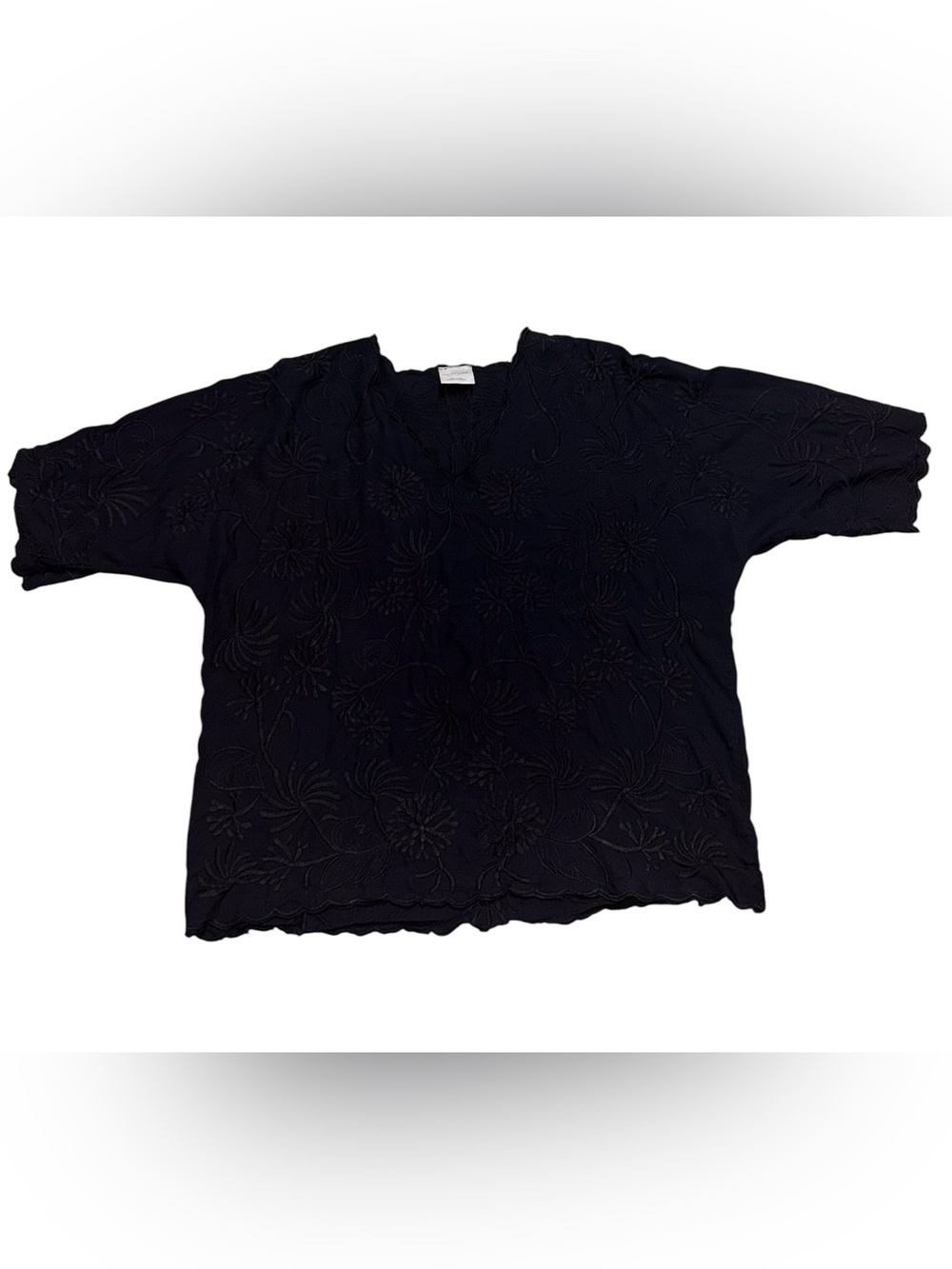 Embroidered Black V-Neck Short Sleeve Blouse